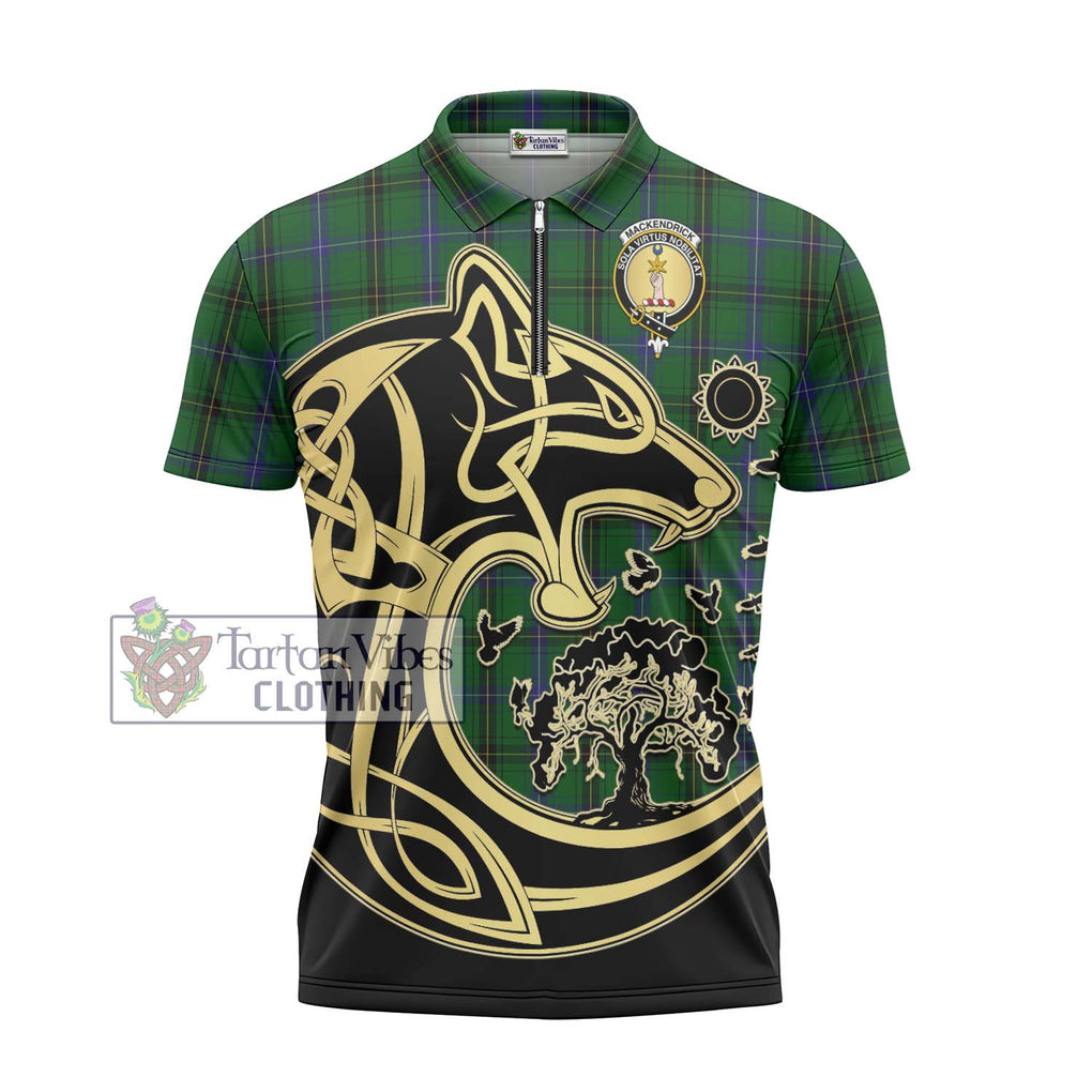 MacKendrick (McKendrick) Tartan Zipper Polo Shirt with Family Crest Celtic Wolf Style - Tartan Vibes Clothing