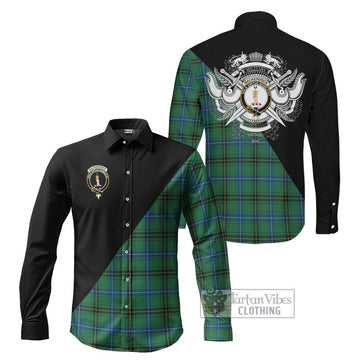 MacKendrick Ancient Tartan Long Sleeve Button Shirt with Family Crest and Military Logo Style Men's Shirt S - Tartanvibesclothing Shop
