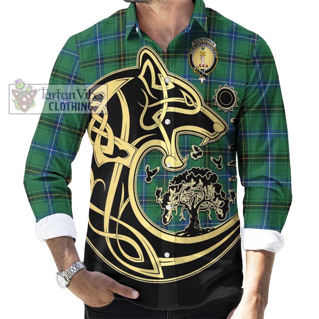 MacKendrick Ancient Tartan Long Sleeve Button Shirt with Family Crest Celtic Wolf Style - Tartan Vibes Clothing