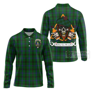 MacKendrick (McKendrick) Tartan Long Sleeve Polo Shirt with Family Crest and Bearded Skull Holding Bottles of Whiskey Unisex - Tartan Vibes Clothing