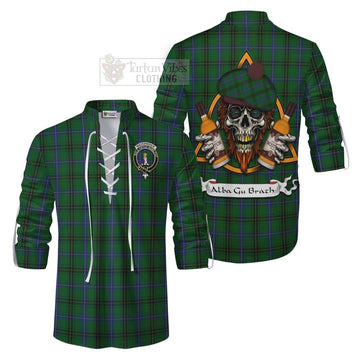 MacKendrick (McKendrick) Tartan Ghillie Kilt Shirt with Family Crest and Bearded Skull Holding Bottles of Whiskey Men - Tartan Vibes Clothing