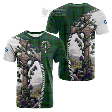 MacKendrick (McKendrick) Tartan Cotton T-shirt with Family Crest and St. Andrew's Cross Accented by Thistle Vines