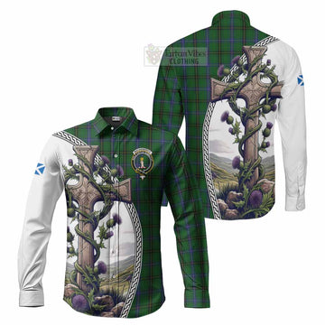 MacKendrick (McKendrick) Tartan Long Sleeve Button Shirt with Family Crest and St. Andrew's Cross Accented by Thistle Vines Men's Shirt S - Tartan Vibes Clothing
