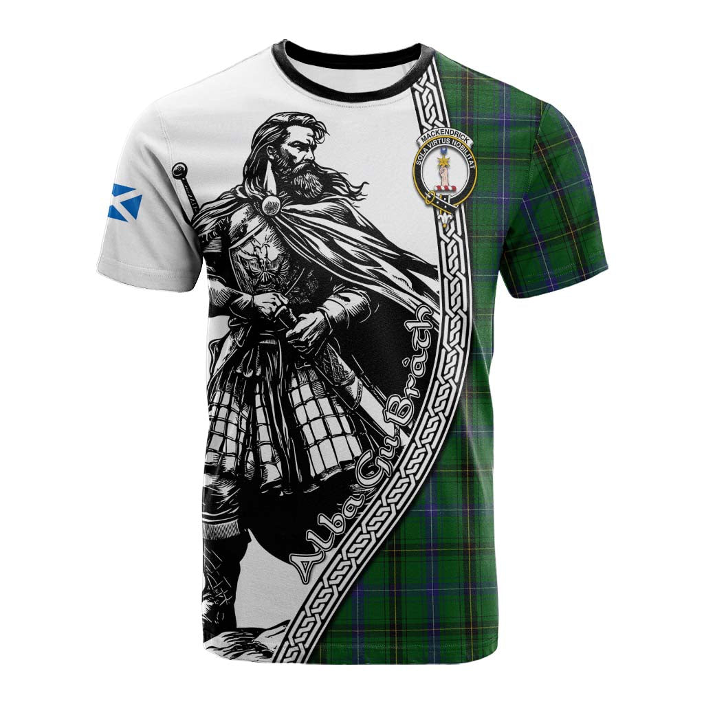 MacKendrick (McKendrick) Tartan Clan Crest Cotton T-shirt with Highlander Warrior Celtic Style