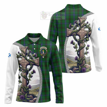 MacKendrick (McKendrick) Tartan Long Sleeve Polo Shirt with Family Crest and St. Andrew's Cross Accented by Thistle Vines Unisex - Tartan Vibes Clothing