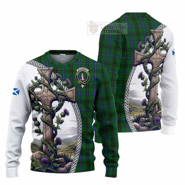 MacKendrick (McKendrick) Tartan Knitted Sweater with Family Crest and St. Andrew's Cross Accented by Thistle Vines Unisex - Tartan Vibes Clothing