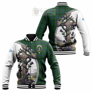 MacKendrick (McKendrick) Tartan Baseball Jacket with Family Crest and St. Andrew's Cross Accented by Thistle Vines Unisex - Tartan Vibes Clothing