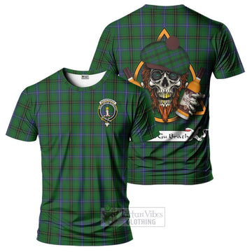 Tartan Vibes Clothing MacKendrick (McKendrick) Tartan T-Shirt with Family Crest and Bearded Skull Holding Bottles of Whiskey