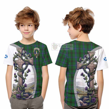 MacKendrick (McKendrick) Tartan Kid T-Shirt with Family Crest and St. Andrew's Cross Accented by Thistle Vines Youth XL Size14 - Tartan Vibes Clothing