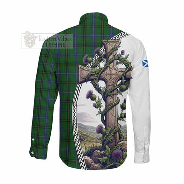 MacKendrick (McKendrick) Tartan Long Sleeve Button Shirt with Family Crest and St. Andrew's Cross Accented by Thistle Vines Men's Shirt - Tartan Vibes Clothing