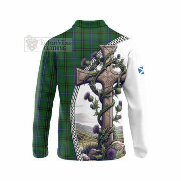 MacKendrick (McKendrick) Tartan Long Sleeve Polo Shirt with Family Crest and St. Andrew's Cross Accented by Thistle Vines - Tartan Vibes Clothing