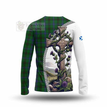 MacKendrick (McKendrick) Tartan Long Sleeve T-Shirt with Family Crest and St. Andrew's Cross Accented by Thistle Vines - Tartan Vibes Clothing