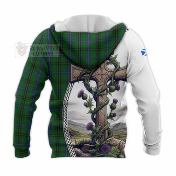 MacKendrick (McKendrick) Tartan Knitted Hoodie with Family Crest and St. Andrew's Cross Accented by Thistle Vines - Tartan Vibes Clothing