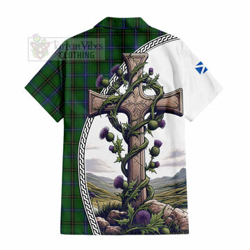 MacKendrick (McKendrick) Tartan Hawaiian Shirt with Family Crest and St. Andrew's Cross Accented by Thistle Vines - Tartan Vibes Clothing