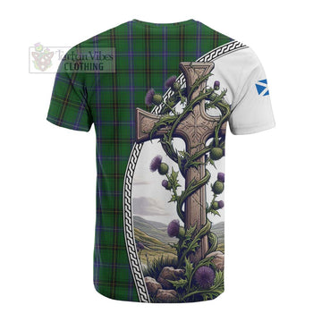 MacKendrick (McKendrick) Tartan Cotton T-shirt with Family Crest and St. Andrew's Cross Accented by Thistle Vines