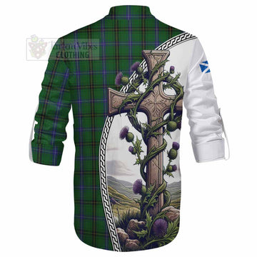 MacKendrick (McKendrick) Tartan Ghillie Kilt Shirt with Family Crest and St. Andrew's Cross Accented by Thistle Vines - Tartan Vibes Clothing