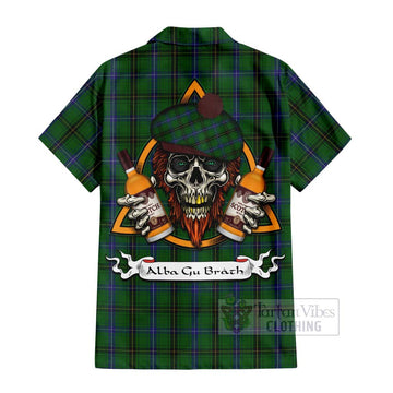 MacKendrick (McKendrick) Tartan Hawaiian Shirt with Family Crest and Bearded Skull Holding Bottles of Whiskey - Tartan Vibes Clothing