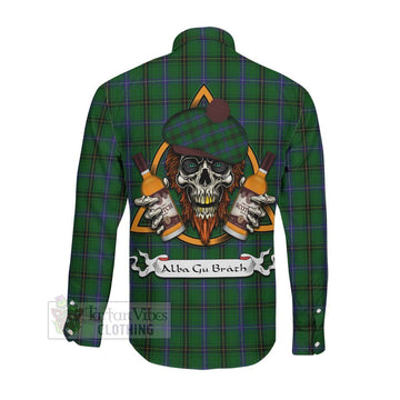 MacKendrick (McKendrick) Tartan Long Sleeve Button Shirt with Family Crest and Bearded Skull Holding Bottles of Whiskey Men's Shirt - Tartan Vibes Clothing