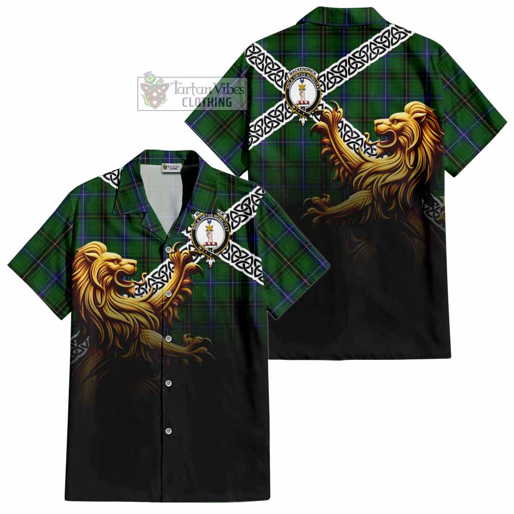 Tartan Vibes Clothing MacKendrick (McKendrick) Crest Tartan Short Sleeve Button Shirt with Golden Lion Emblem Celtic Style