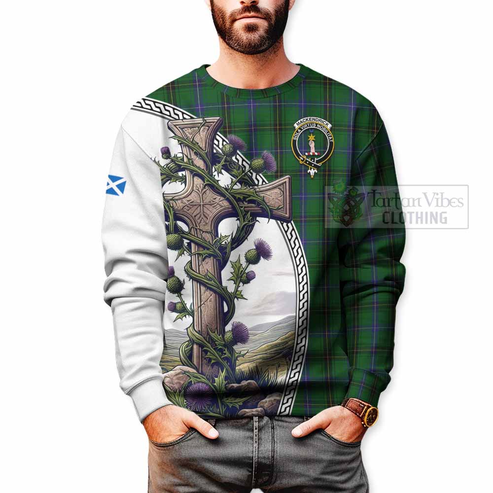 MacKendrick (McKendrick) Tartan Sweatshirt with Family Crest and St. Andrew's Cross Accented by Thistle Vines - Tartan Vibes Clothing