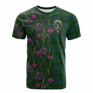 MacKendrick (McKendrick) Family Crest Tartan Cotton T-shirt Scottish Thistle Flower Pattern Half Style