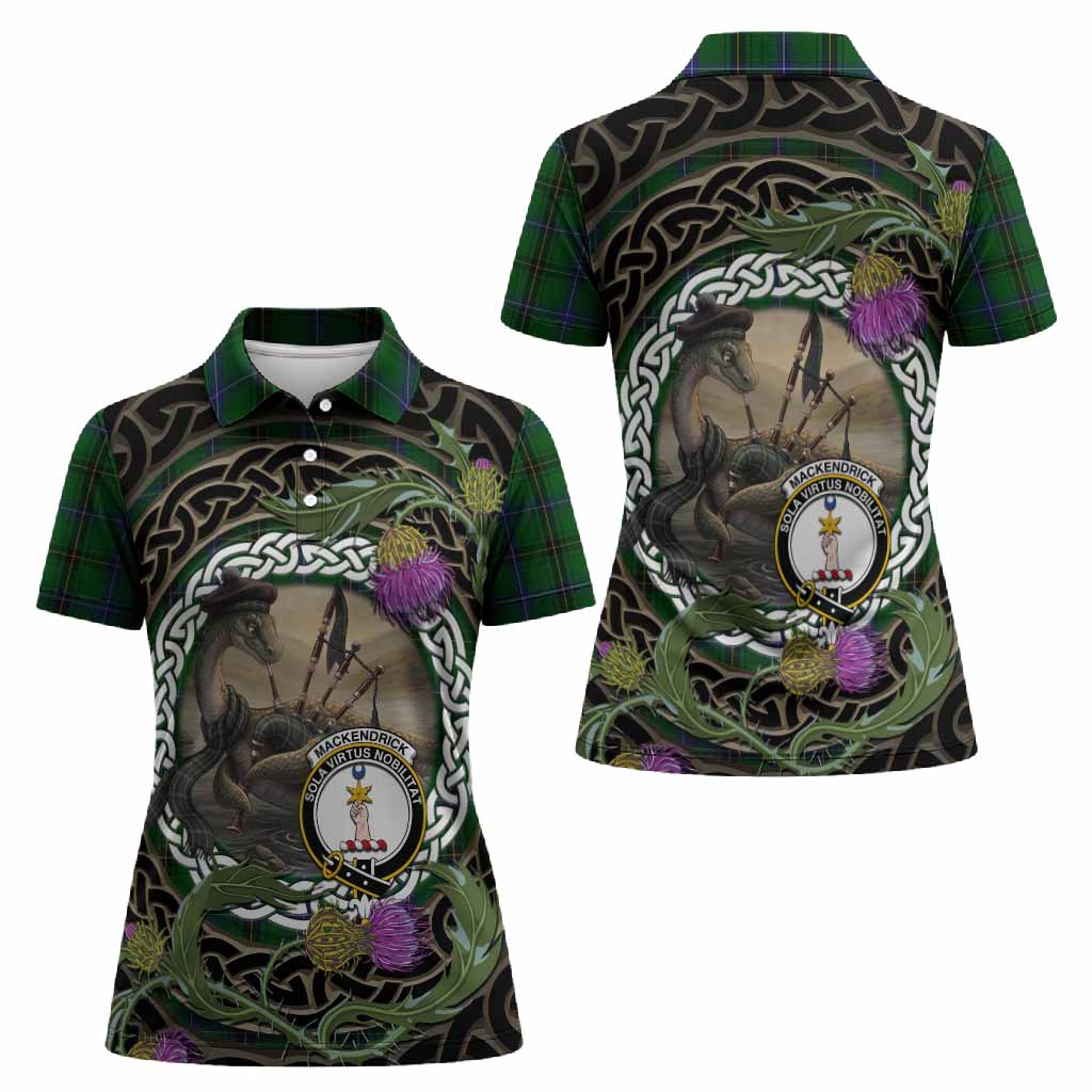 MacKendrick (McKendrick) Tartan Crest Bagpipe Nessie Women Polo Shirt Scottish Loch Ness Monster Celtic Thistle