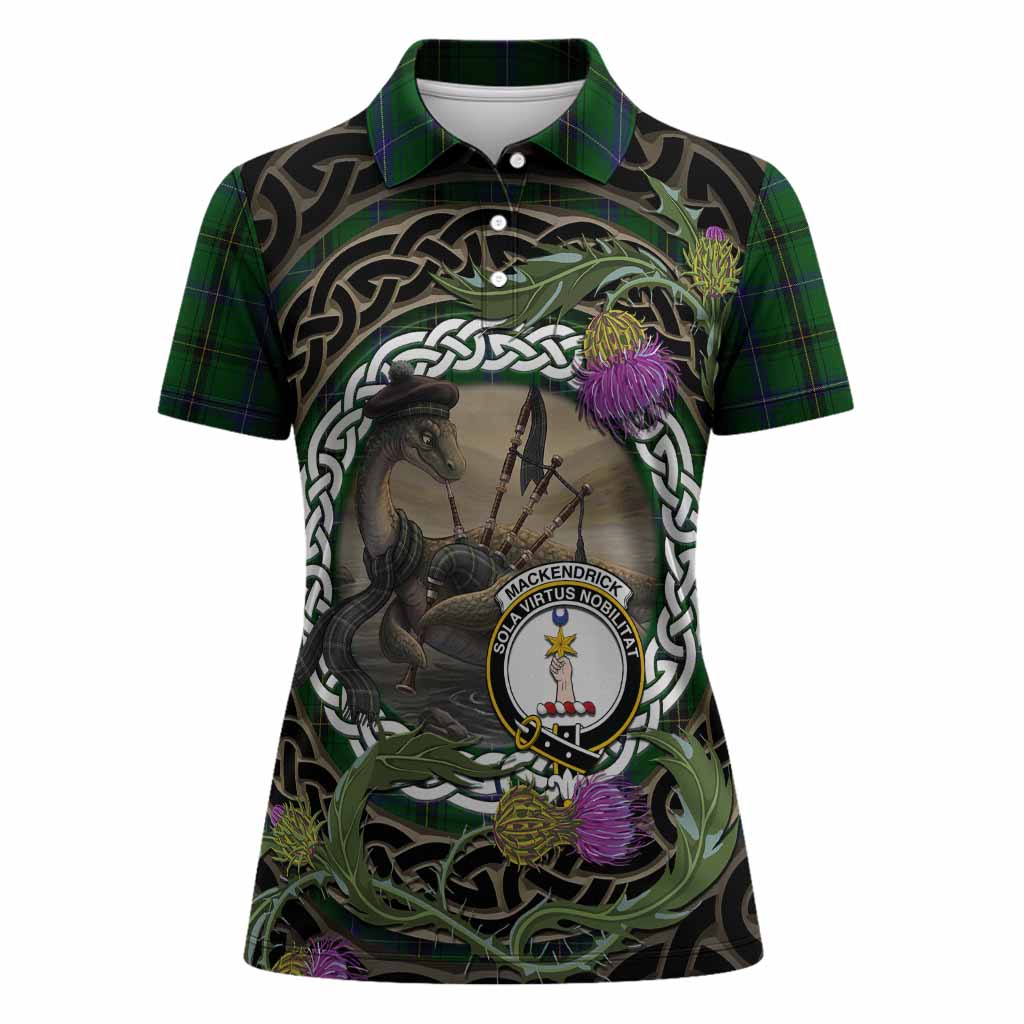 MacKendrick (McKendrick) Tartan Crest Bagpipe Nessie Women Polo Shirt Scottish Loch Ness Monster Celtic Thistle