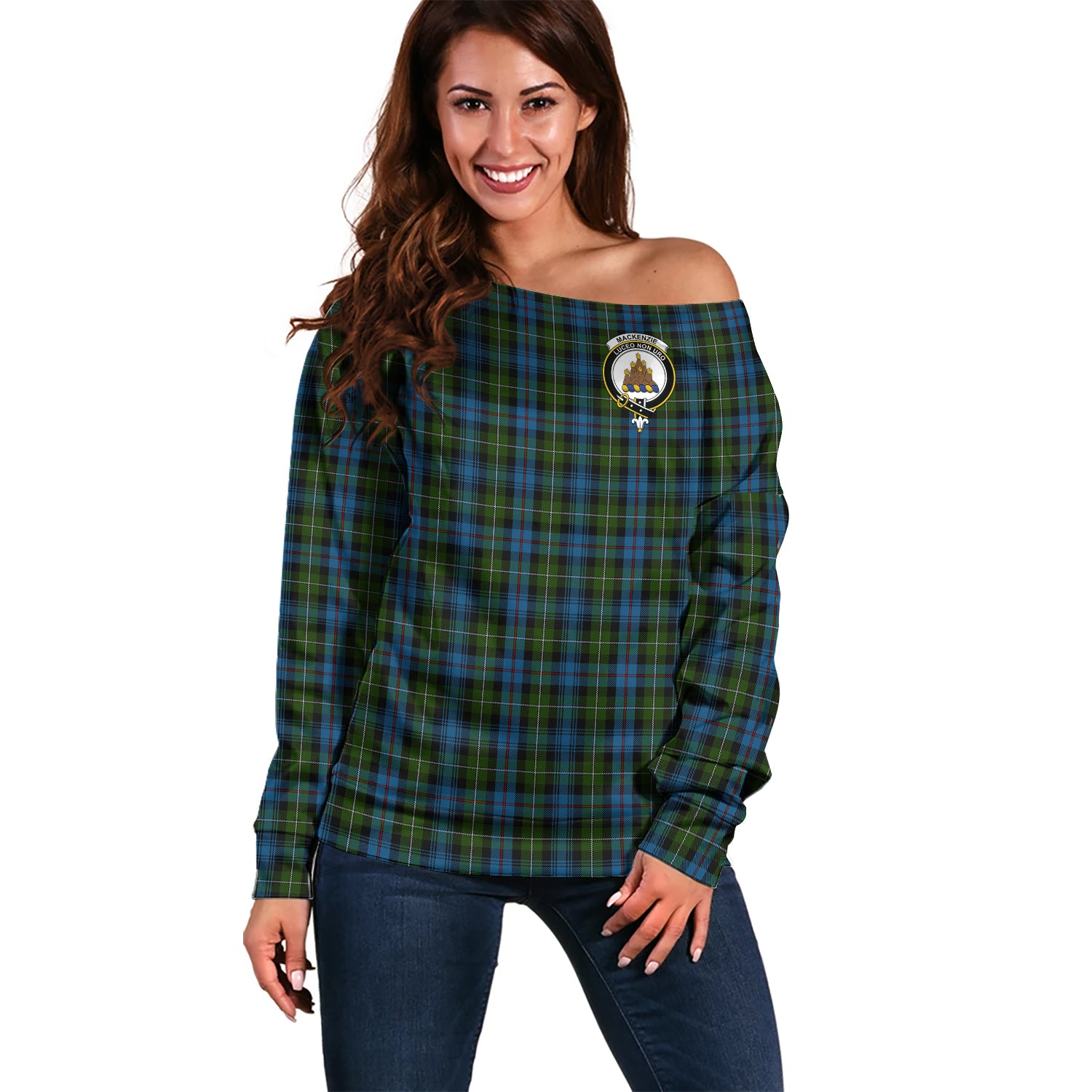 MacKenzie Tartan Off Shoulder Women Sweater with Family Crest Women - Tartanvibesclothing