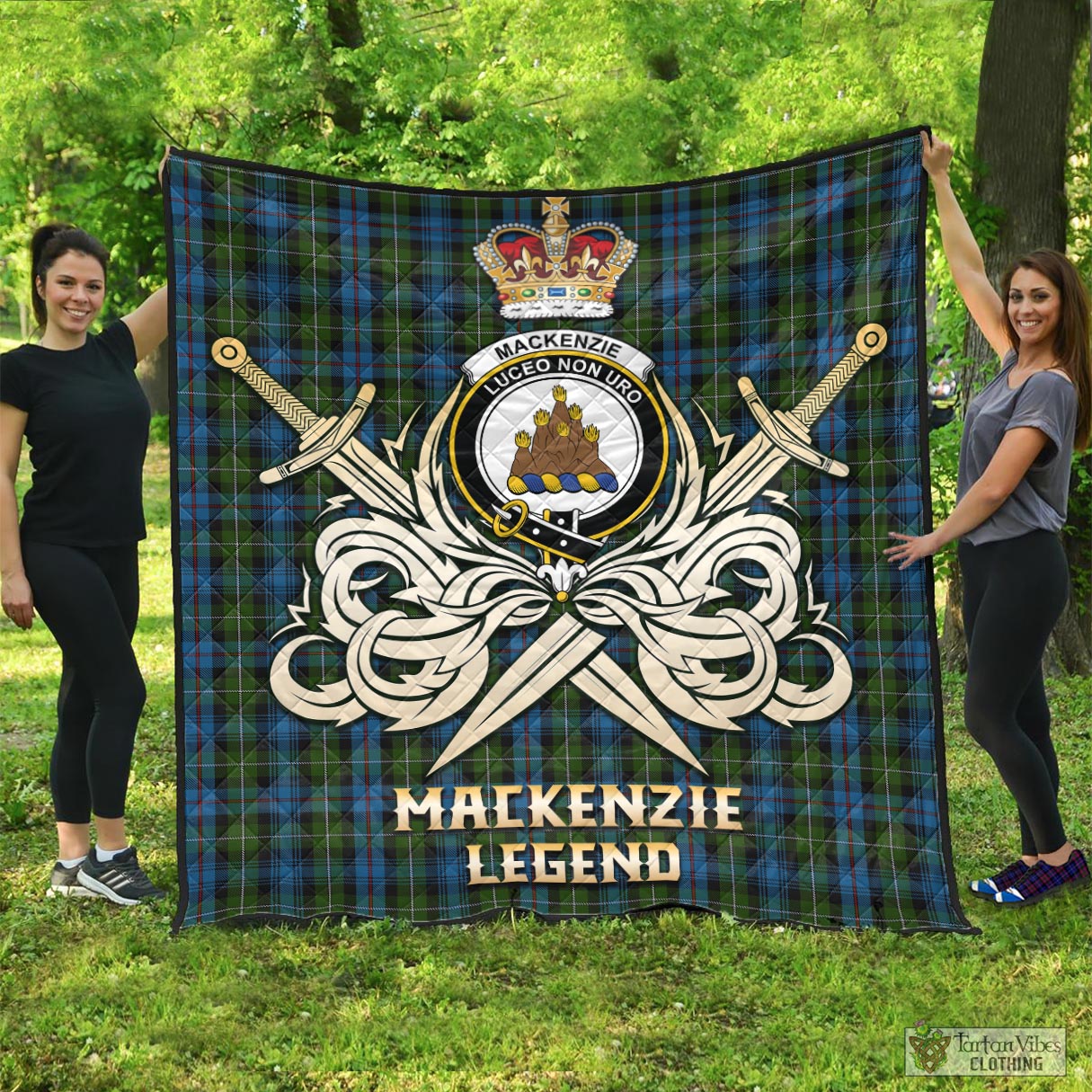Tartan Vibes Clothing MacKenzie Tartan Quilt with Clan Crest and the Golden Sword of Courageous Legacy