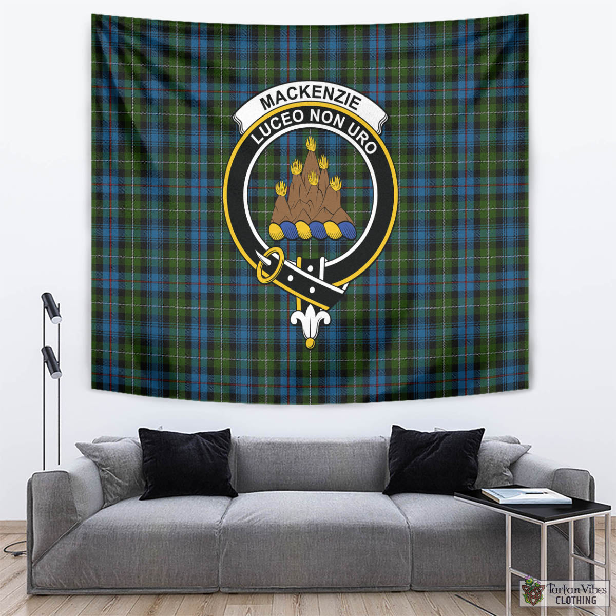 Tartan Vibes Clothing MacKenzie Tartan Tapestry Wall Hanging and Home Decor for Room with Family Crest