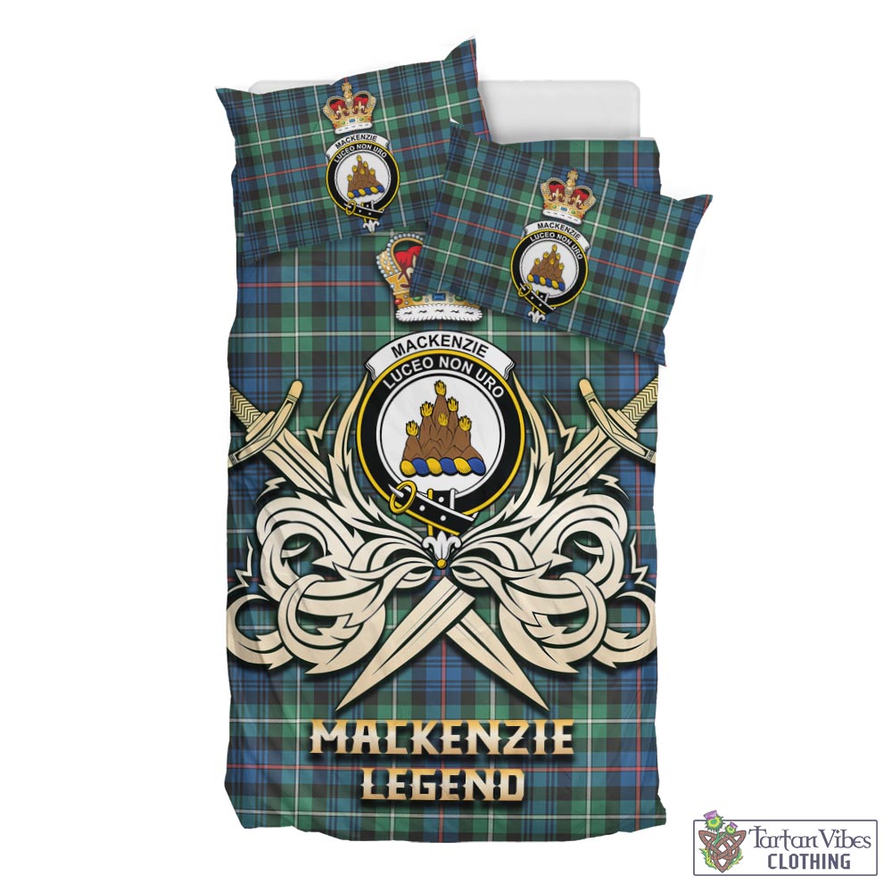 Tartan Vibes Clothing MacKenzie Ancient Tartan Bedding Set with Clan Crest and the Golden Sword of Courageous Legacy