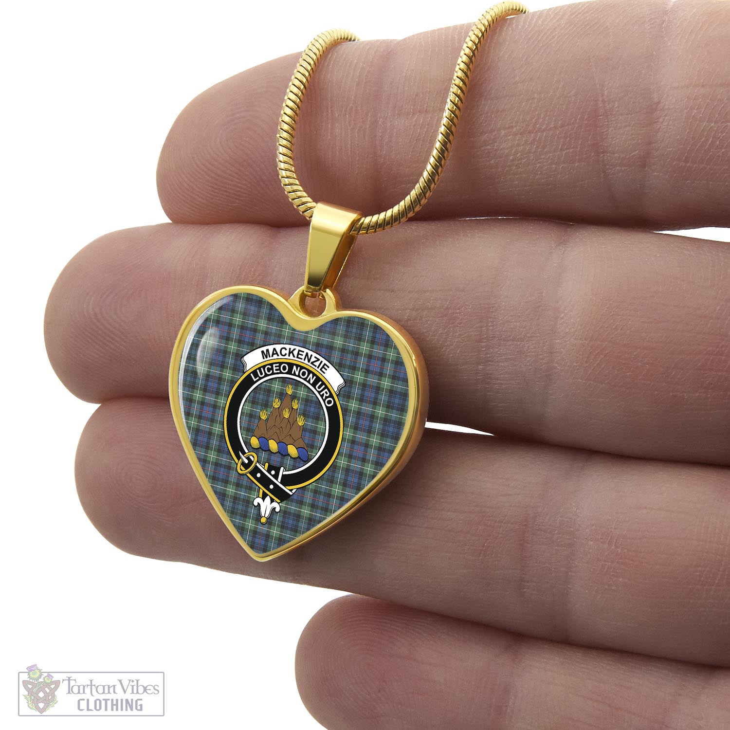 Tartan Vibes Clothing MacKenzie Ancient Tartan Heart Necklace with Family Crest