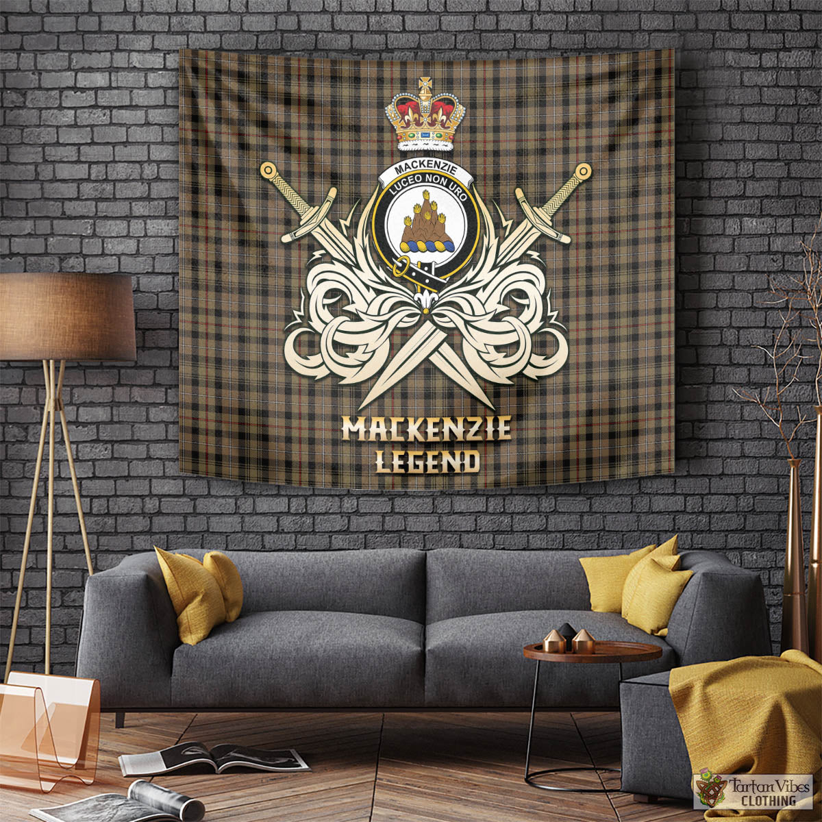 Tartan Vibes Clothing MacKenzie Hunting Tartan Tapestry with Clan Crest and the Golden Sword of Courageous Legacy