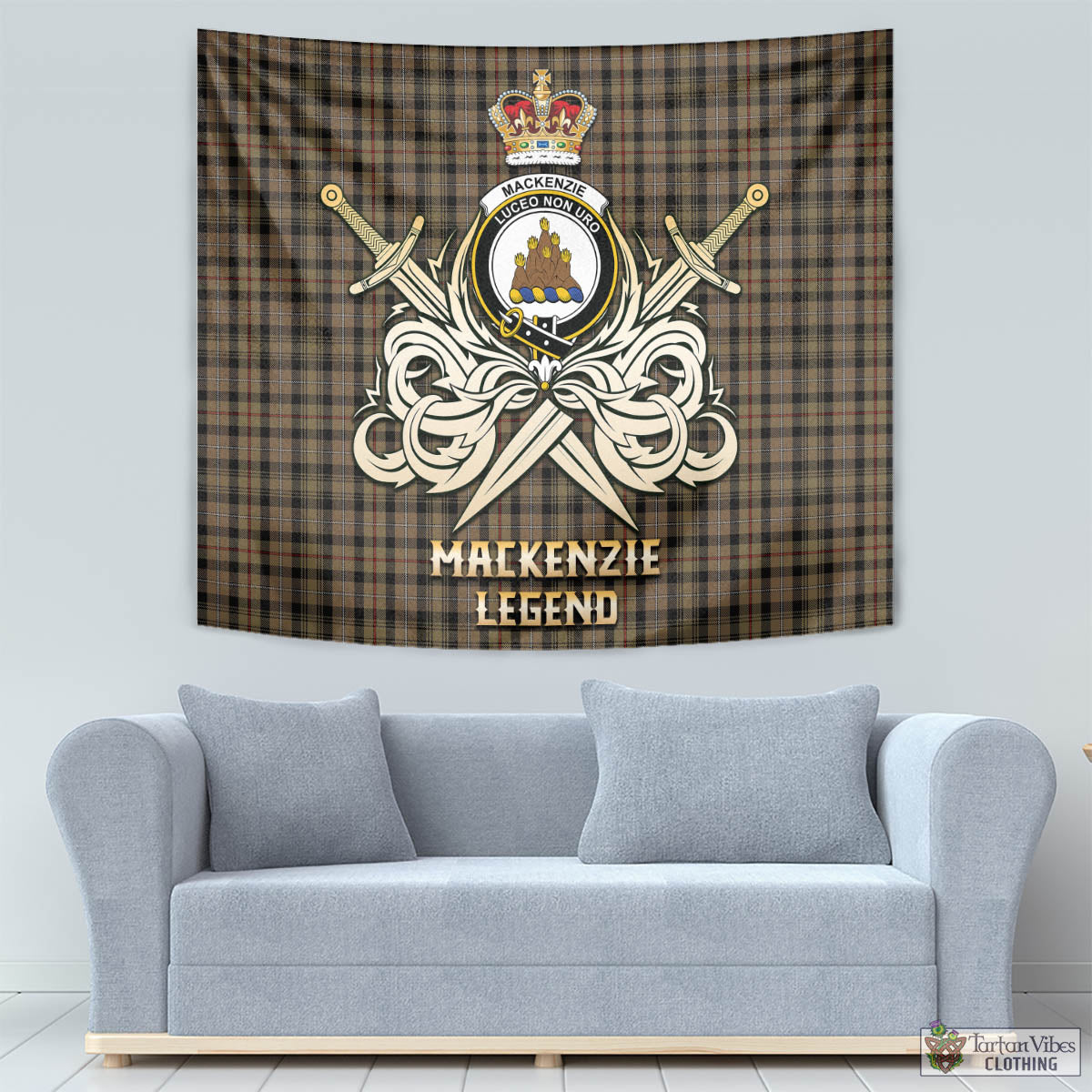 Tartan Vibes Clothing MacKenzie Hunting Tartan Tapestry with Clan Crest and the Golden Sword of Courageous Legacy