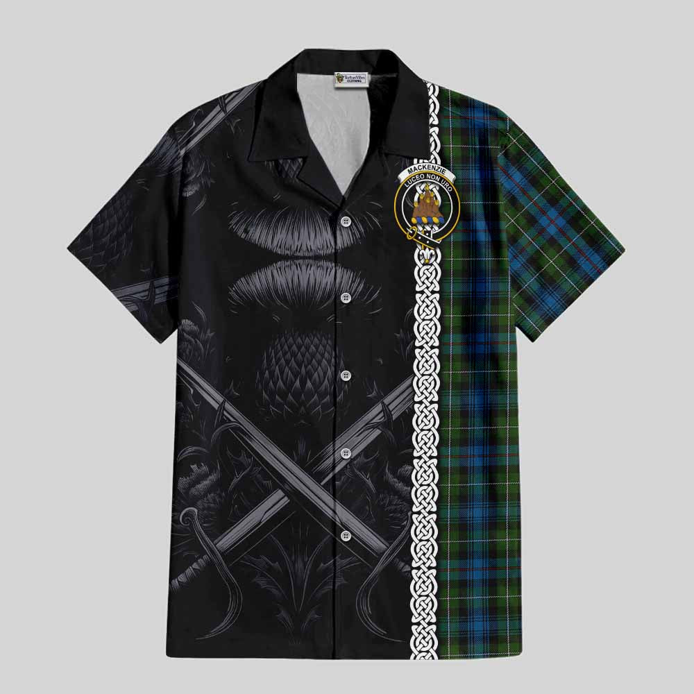 Tartan Vibes Clothing Mackenzie (Mckenzie) Tartan Short Sleeve Button Shirt with Family Crest Cross Sword Thistle Celtic Vibes
