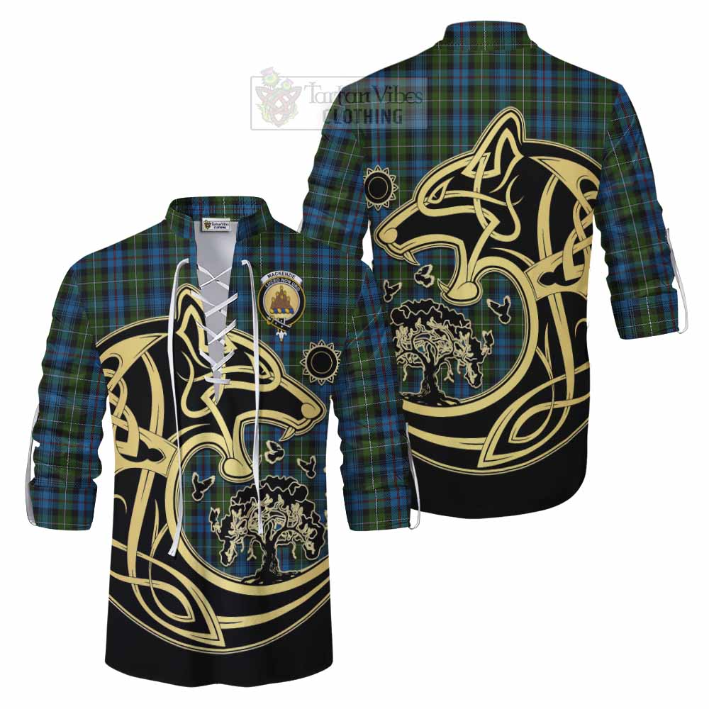 Tartan Vibes Clothing Mackenzie (Mckenzie) Tartan Ghillie Kilt Shirt with Family Crest Celtic Wolf Style