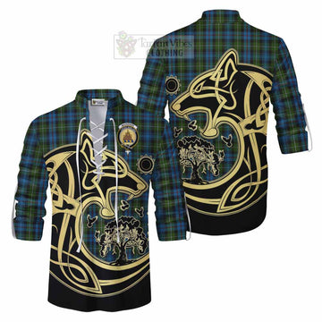 Tartan Vibes Clothing Mackenzie (Mckenzie) Tartan Ghillie Kilt Shirt with Family Crest Celtic Wolf Style