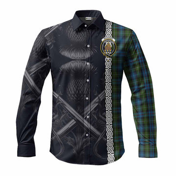 Mackenzie (Mckenzie) Tartan Long Sleeve Button Shirt with Family Crest Cross Sword Thistle Celtic Vibes