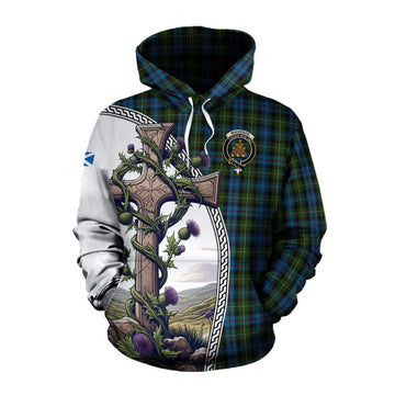 Mackenzie (Mckenzie) Tartan Cotton Hoodie with Family Crest and St. Andrew's Cross Accented by Thistle Vines