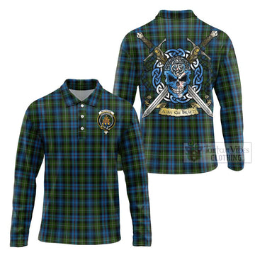 Tartan Vibes Clothing Mackenzie (Mckenzie) Tartan Long Sleeve Polo Shirt with Family Crest Celtic Skull Style