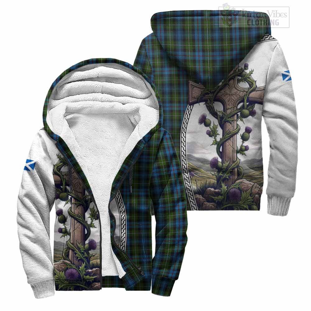 Tartan Vibes Clothing Mackenzie (Mckenzie) Tartan Sherpa Hoodie with Family Crest and St. Andrew's Cross Accented by Thistle Vines