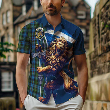 Tartan Vibes Clothing Mackenzie (Mckenzie) Tartan Family Crest Short Sleeve Button Shirt with Scottish Majestic Lion
