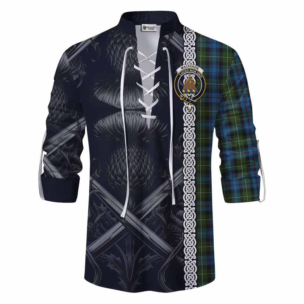 Tartan Vibes Clothing Mackenzie (Mckenzie) Tartan Ghillie Kilt Shirt with Family Crest Cross Sword Thistle Celtic Vibes