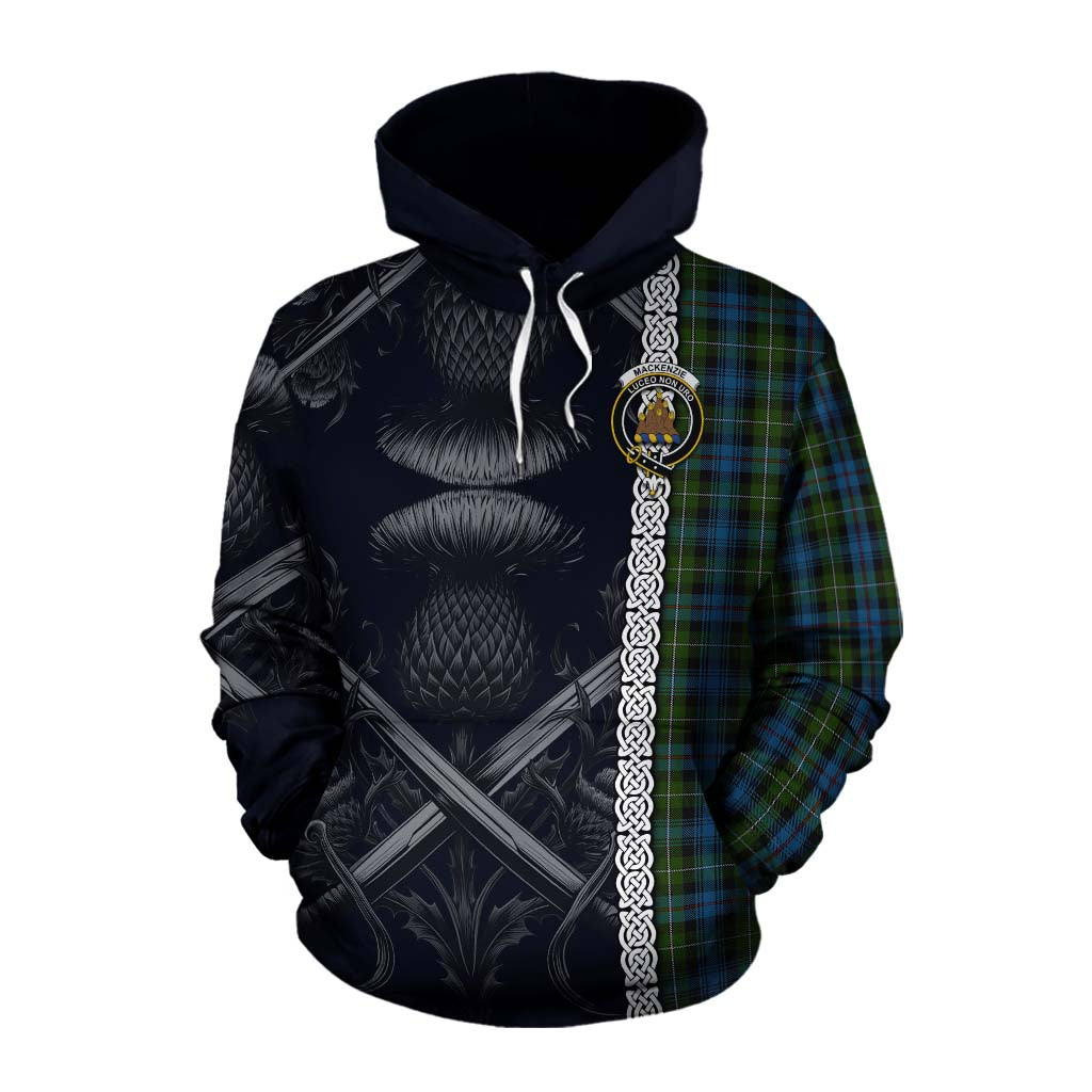 Tartan Vibes Clothing Mackenzie (Mckenzie) Tartan Cotton Hoodie with Family Crest Cross Sword Thistle Celtic Vibes