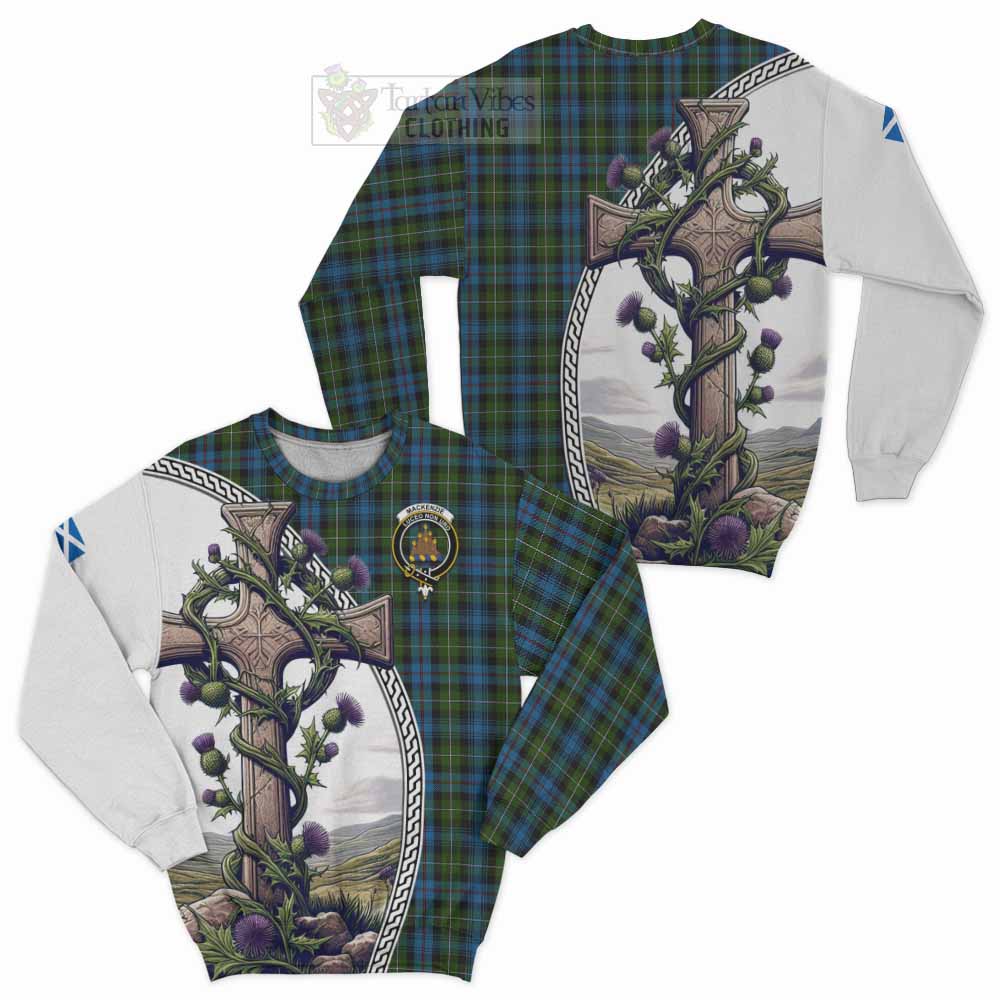 Tartan Vibes Clothing Mackenzie (Mckenzie) Tartan Sweatshirt with Family Crest and St. Andrew's Cross Accented by Thistle Vines