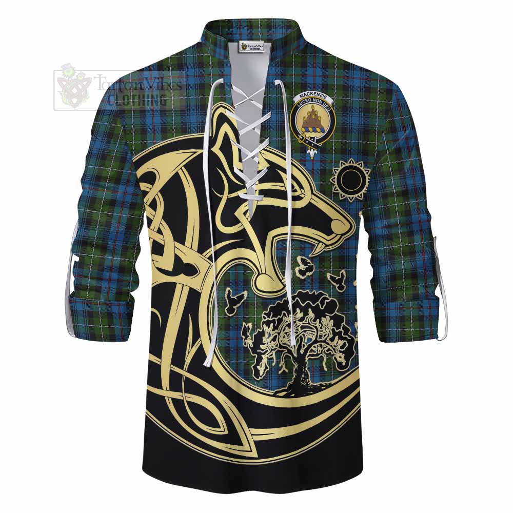 Tartan Vibes Clothing Mackenzie (Mckenzie) Tartan Ghillie Kilt Shirt with Family Crest Celtic Wolf Style