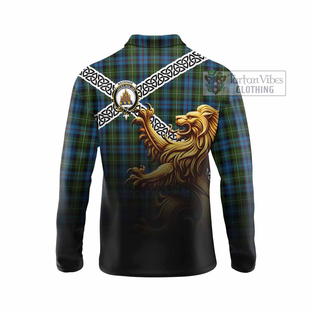 Tartan Vibes Clothing Mackenzie (Mckenzie) Crest Tartan Long Sleeve Polo Shirt with Golden Lion Emblem Celtic Style