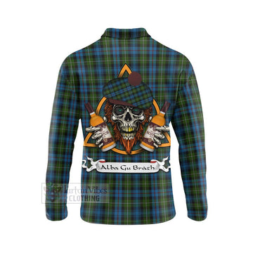 Tartan Vibes Clothing Mackenzie (Mckenzie) Tartan Long Sleeve Polo Shirt with Family Crest and Bearded Skull Holding Bottles of Whiskey