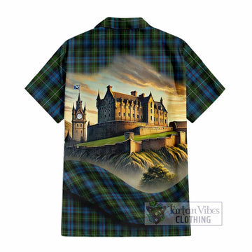 Tartan Vibes Clothing Mackenzie (Mckenzie) Tartan Family Crest Short Sleeve Button Shirt with Scottish Ancient Castle Style