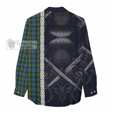 Tartan Vibes Clothing Mackenzie (Mckenzie) Tartan Women's Casual Shirt with Family Crest Cross Sword Thistle Celtic Vibes